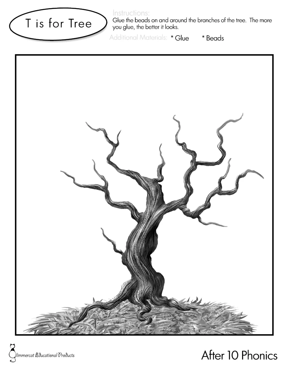 Black and white T is for Tree page: a bare tree drawing for students to decorate by gluing beads along its branches