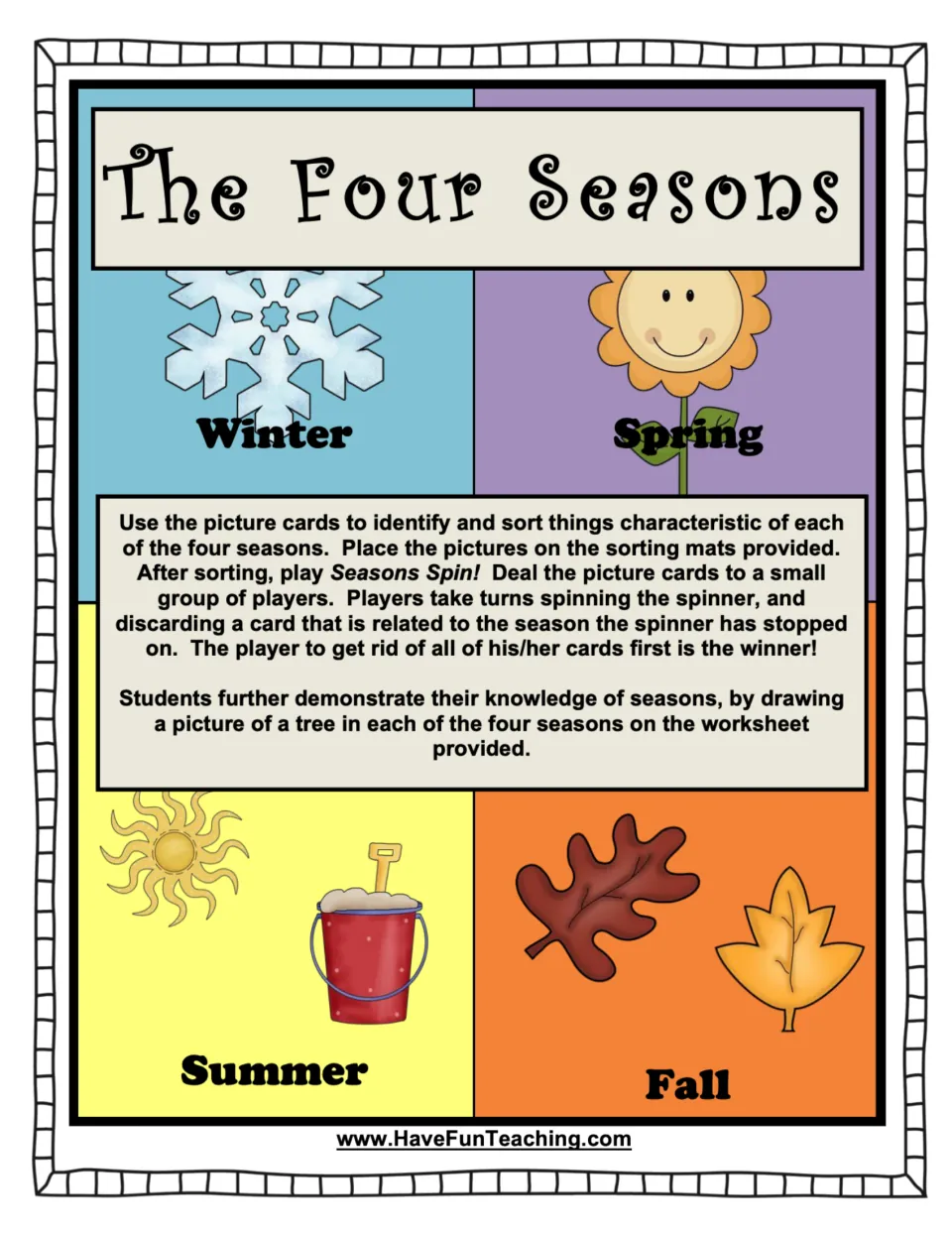 The Four Seasons cover and directions: sort picture cards onto season mats, play Seasons Spin, then draw a tree per season