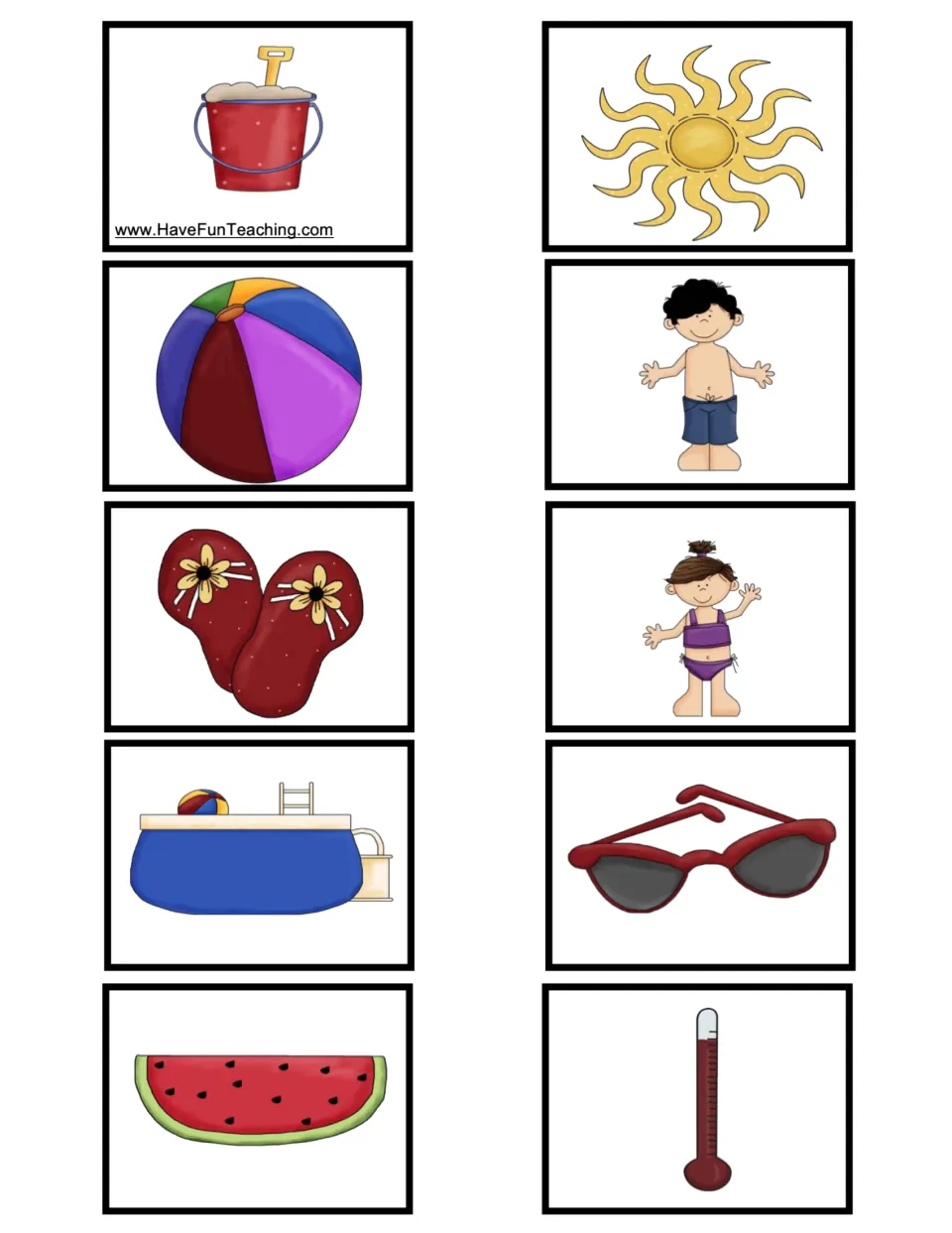 Summer picture cards: sand pail, sun, beach ball, swimsuits, flip-flops, pool, sunglasses, watermelon, thermometer