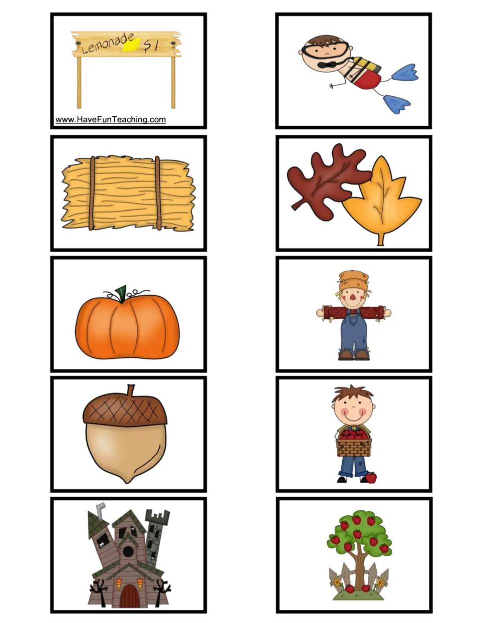 Summer and fall picture cards: lemonade stand, snorkeler, hay bale, leaves, pumpkin, scarecrow, acorn, haunted house