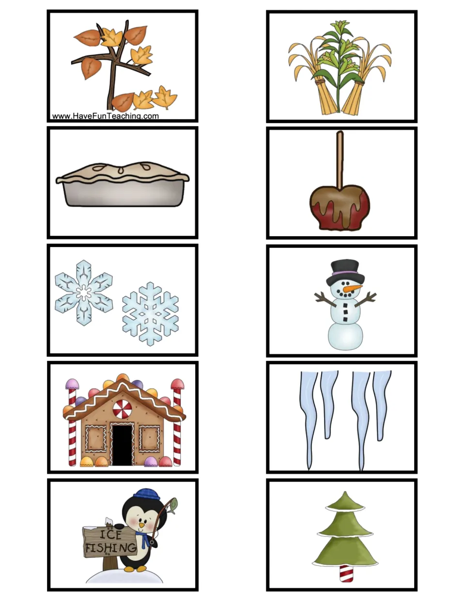 Fall and winter picture cards: falling leaves, corn stalks, pie, caramel apple, snowman, icicles, ice-fishing penguin