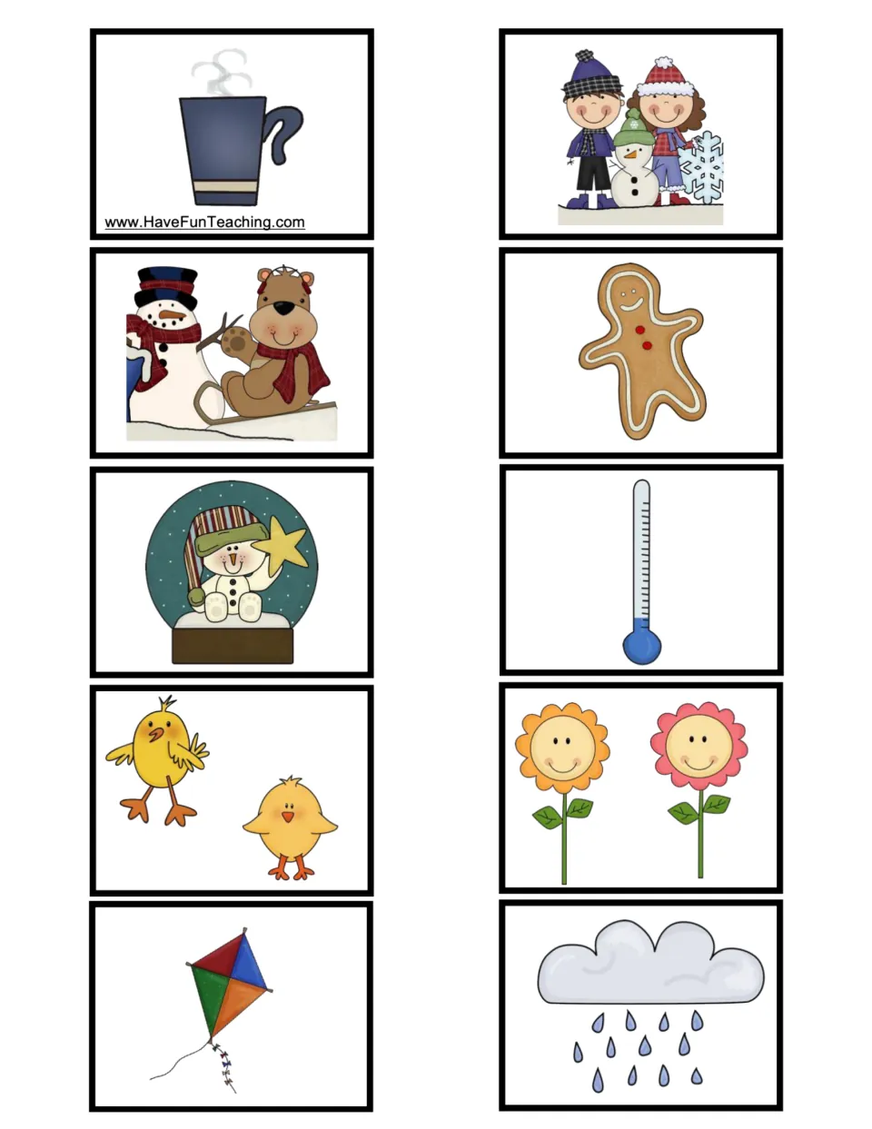 Winter and spring picture cards: hot drink, gingerbread man, snow globe, cold thermometer, chicks, flowers, kite, rain