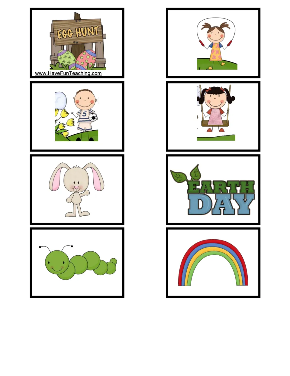Spring picture cards to sort: egg hunt sign, jump rope, soccer, swing, bunny, Earth Day, caterpillar and rainbow images