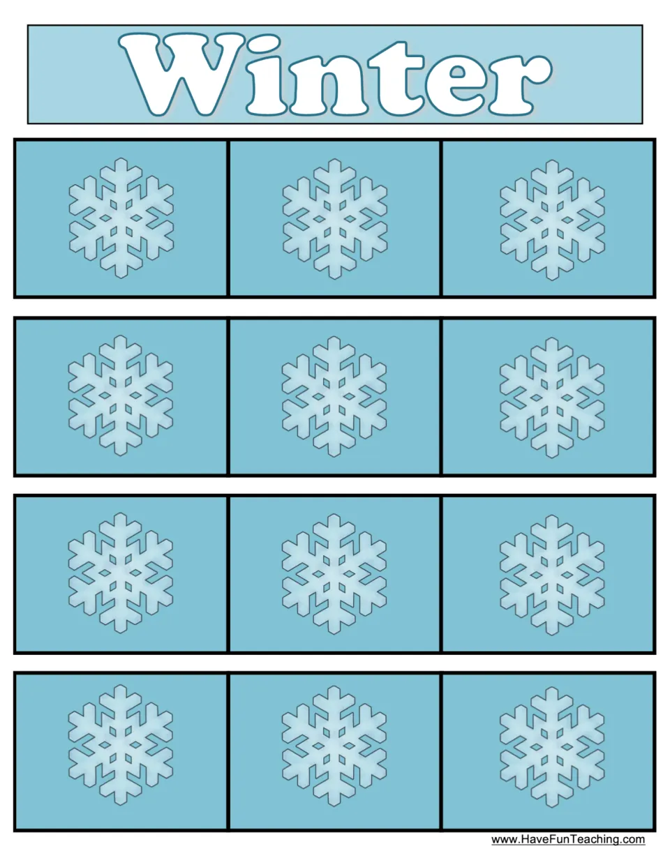 Winter sorting mat with 12 snowflake spaces where students place the picture cards that belong to winter