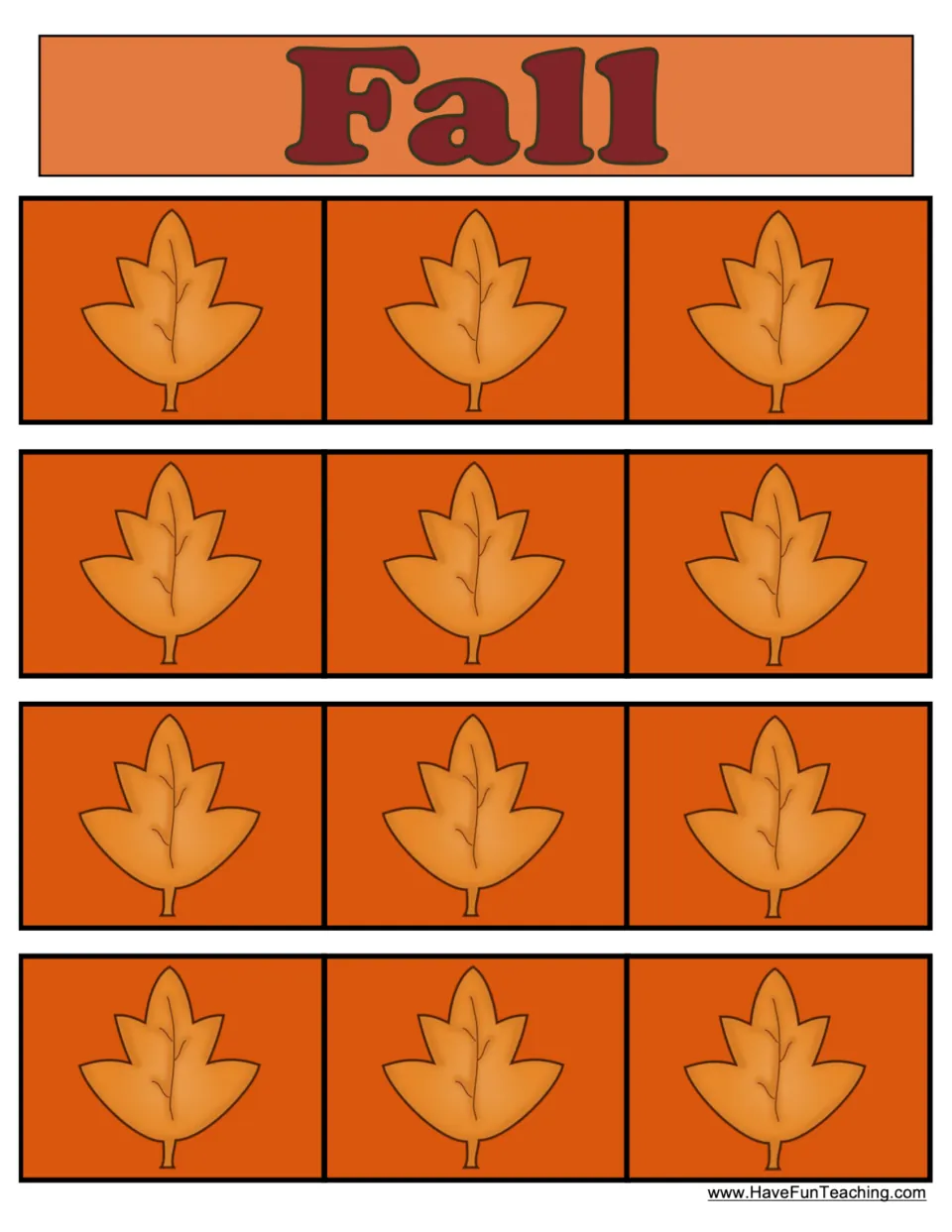 Fall sorting mat: students place each autumn picture card on one of 12 leaf spaces to classify fall items