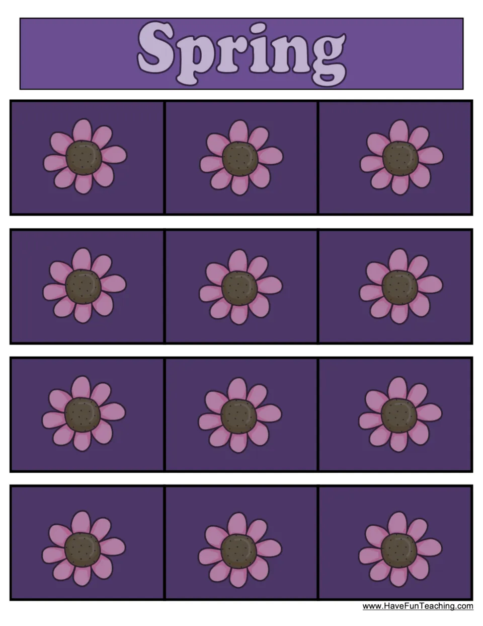 Spring sorting mat: students match spring picture cards to 12 flower spaces, classifying items by season
