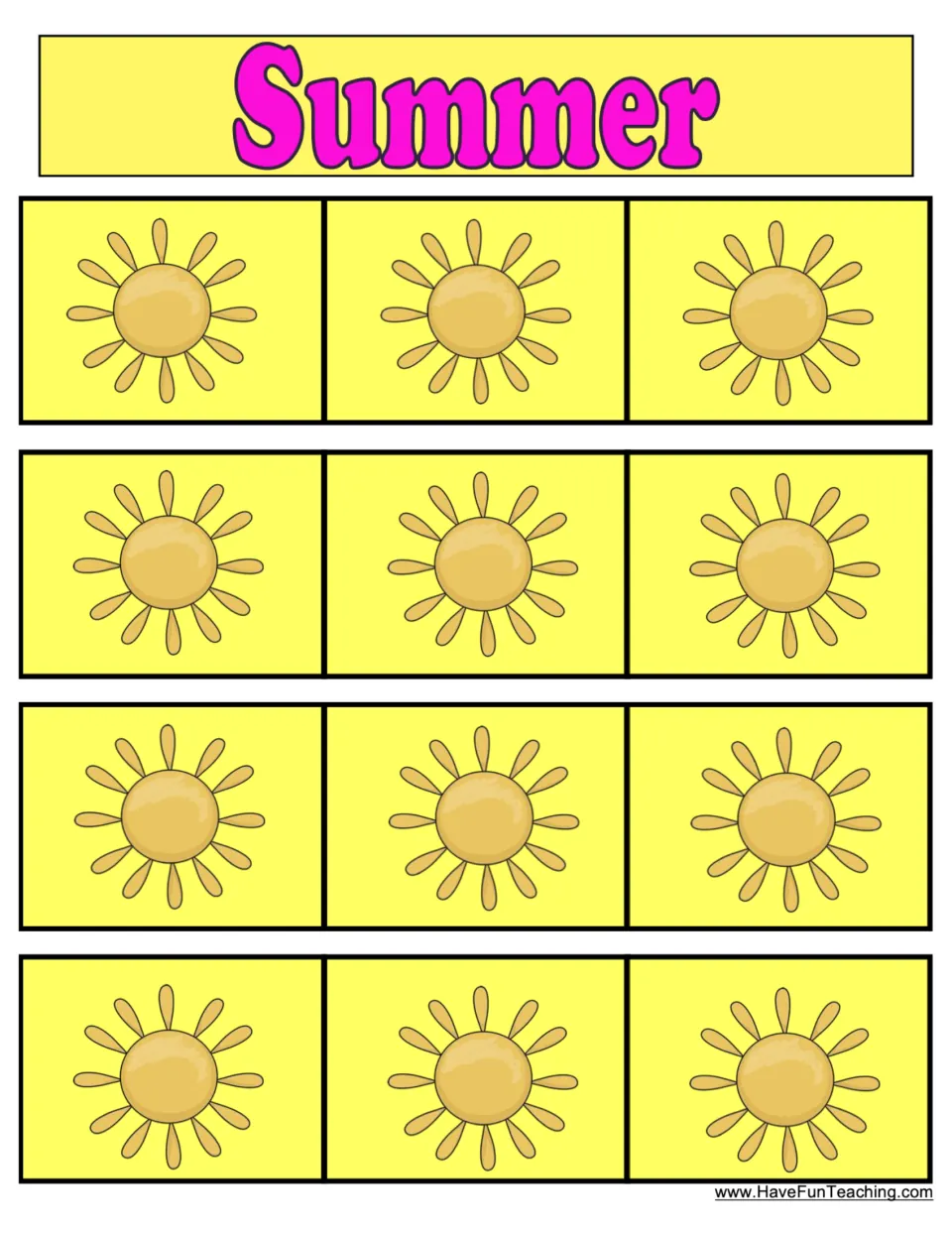 Summer sorting mat: students cover 12 sun spaces with summer picture cards to show what belongs in the hot season