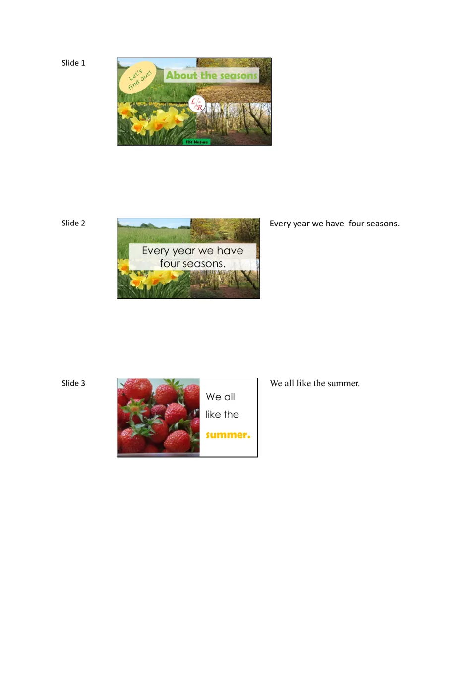 About the seasons title slide with daffodil and woodland photos, then slides on four seasons a year and liking summer