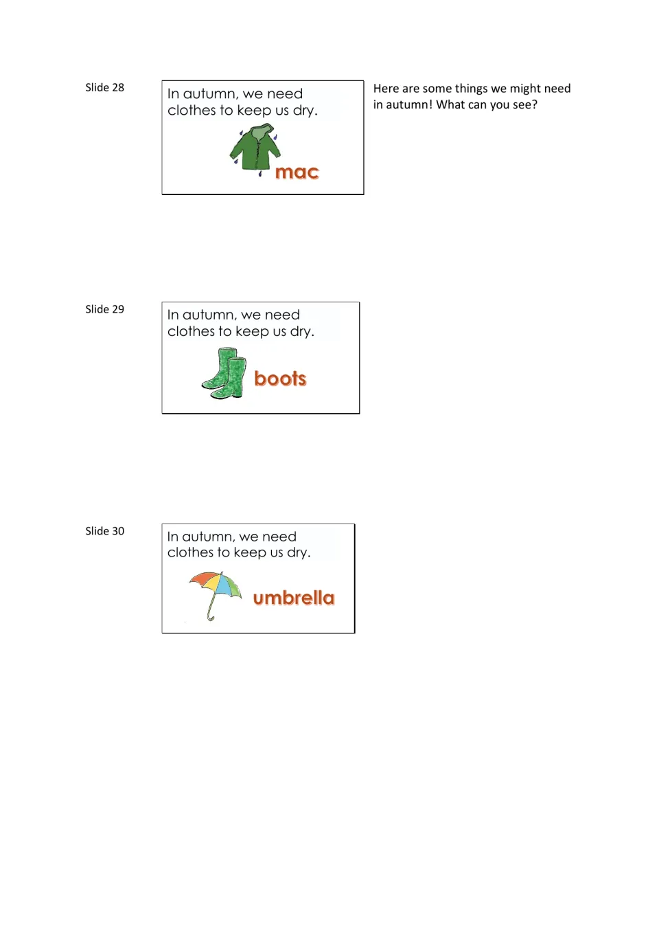 Autumn clothing slides 28 to 30: clothes to keep us dry, with labeled drawings of a mac, green boots and an umbrella