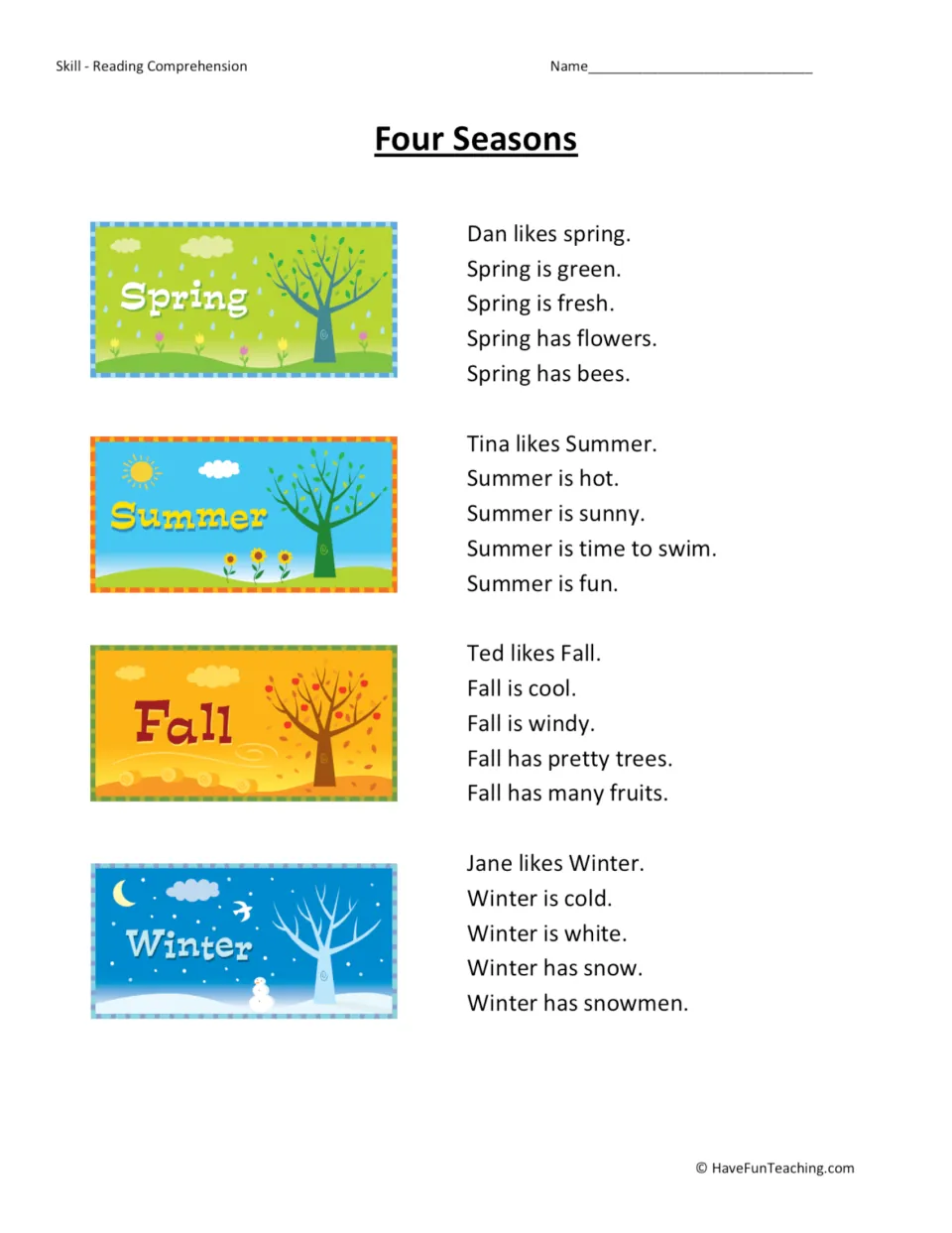 Reading passage about Dan liking spring, Tina liking summer, Ted liking fall, and Jane liking winter.