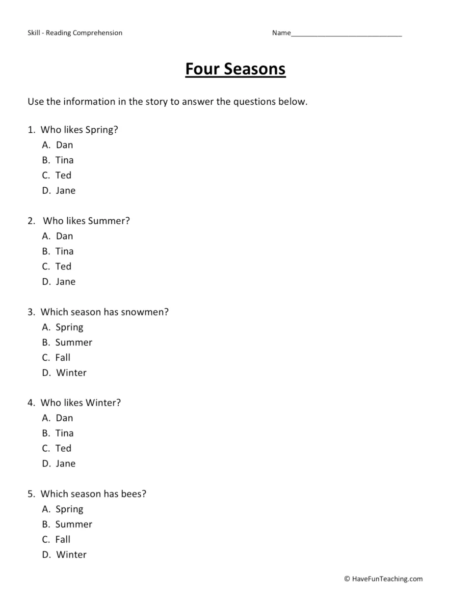 Five multiple-choice questions about who likes spring, summer, and winter, plus seasons with snowmen and bees.