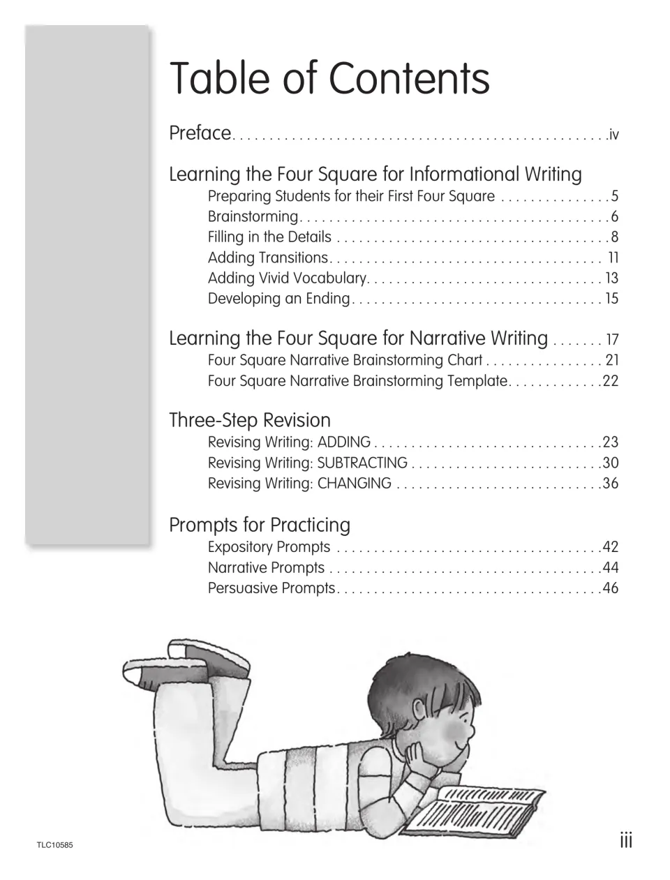Table of contents: informational and narrative Four Square lessons, three-step revision, and expository/persuasive prompts