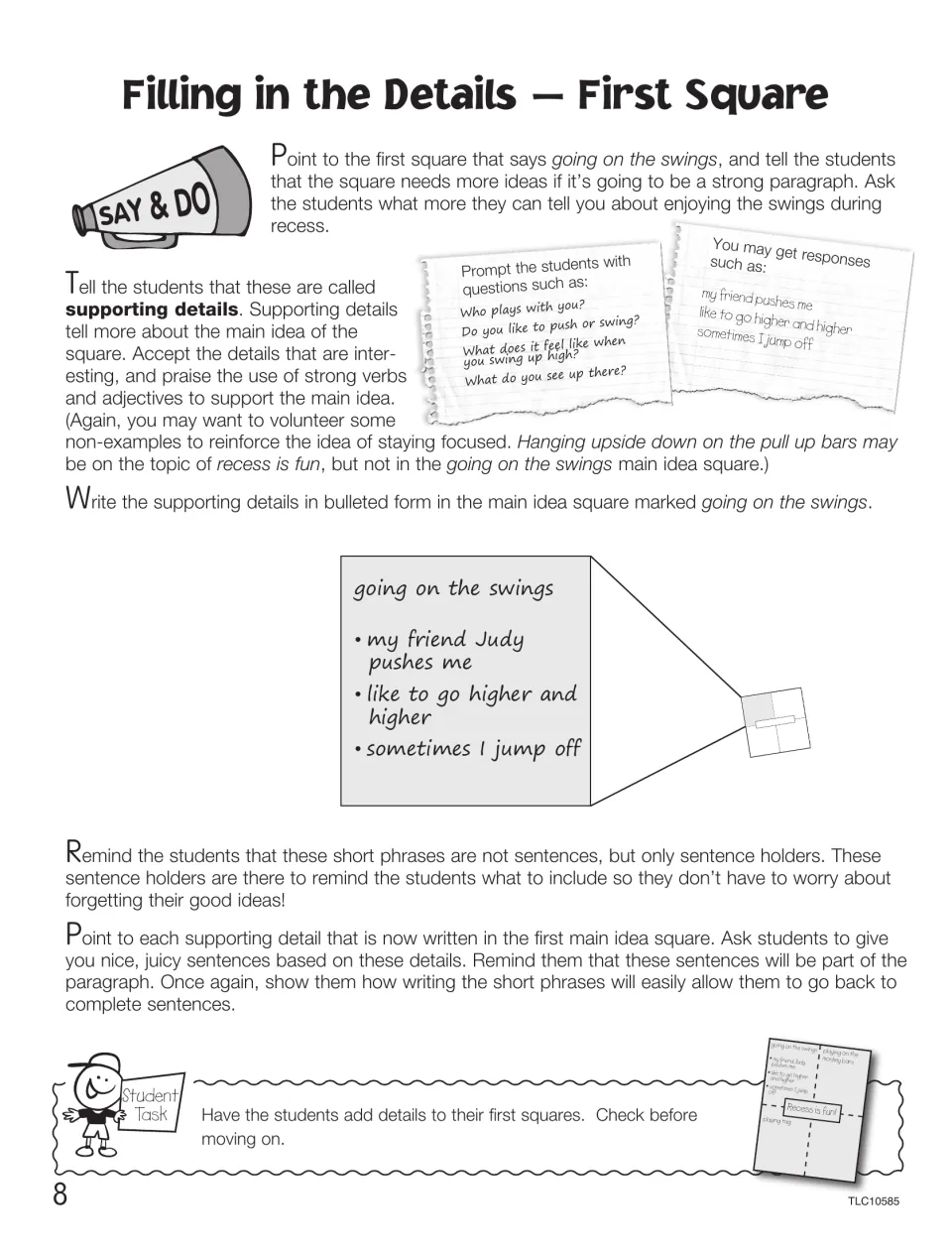 Supporting details for going on the swings: prompting questions, sample responses and phrases as sentence holders