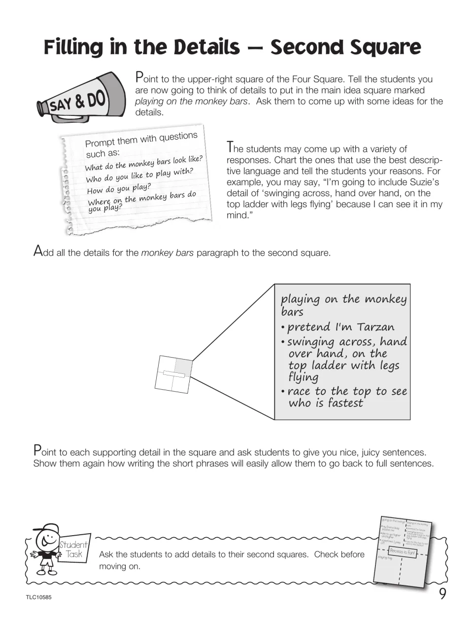 Details for the second square, playing on the monkey bars: question prompts and vivid phrases like pretend I'm Tarzan