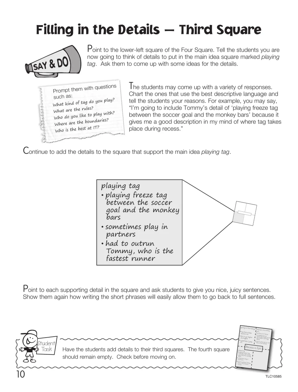 Details for the third square, playing tag: questions about rules and boundaries, and bullets such as playing freeze tag