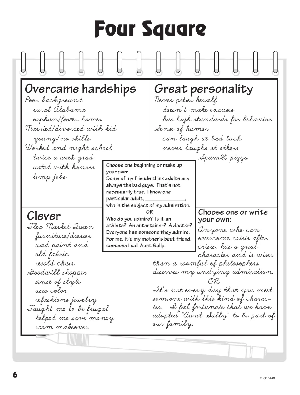 Completed Four Square organizer models an essay about Aunt Sally's hardships, personality, and cleverness