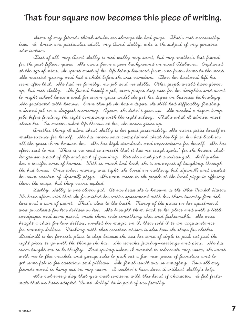 Model essay develops the preceding organizer's notes into paragraphs about admiration for Aunt Sally