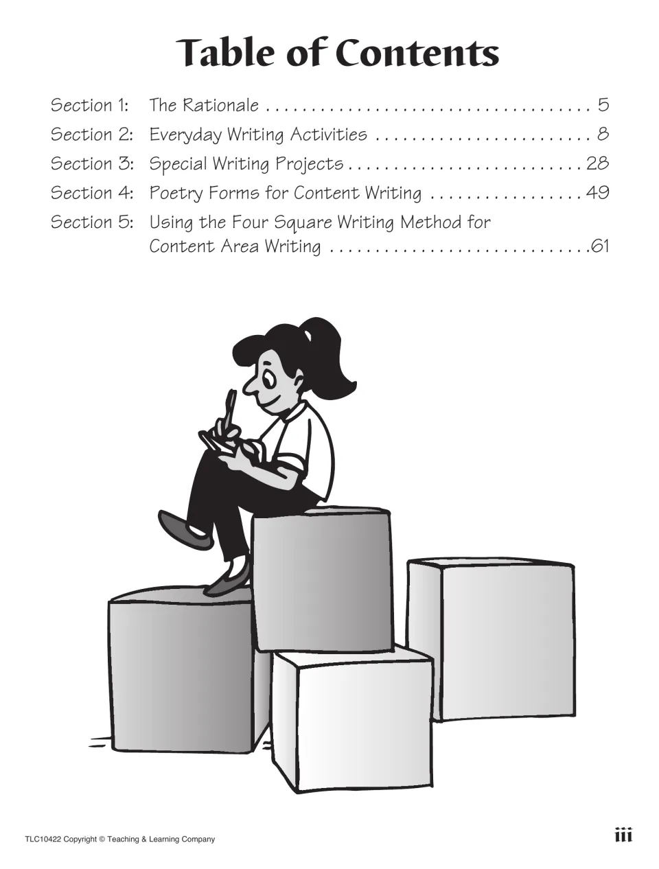 Contents listing five sections: rationale, everyday writing, special projects, poetry forms and the Four Square method