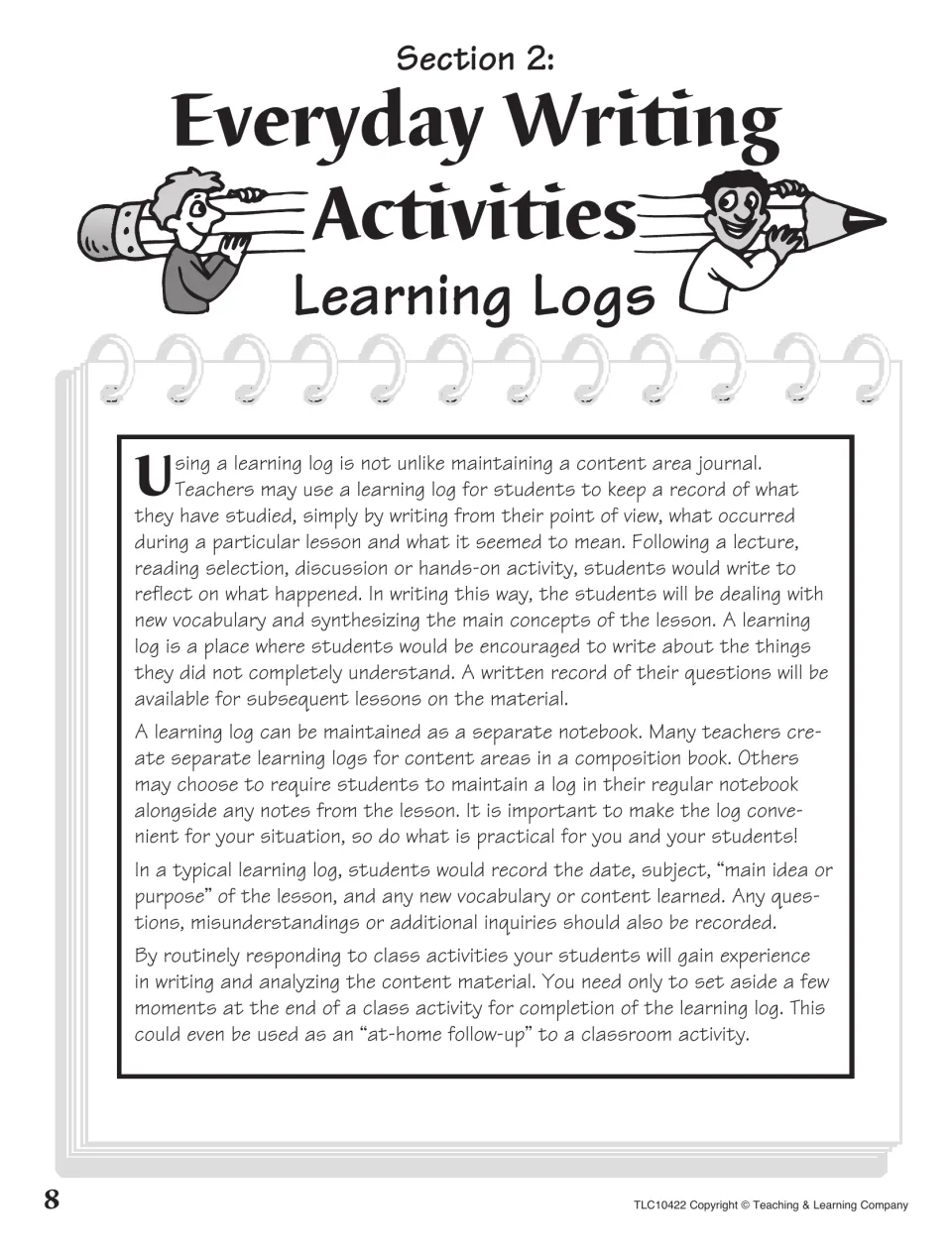 Section 2, Everyday Writing Activities: teacher notes on learning logs, students log lessons, vocabulary and questions
