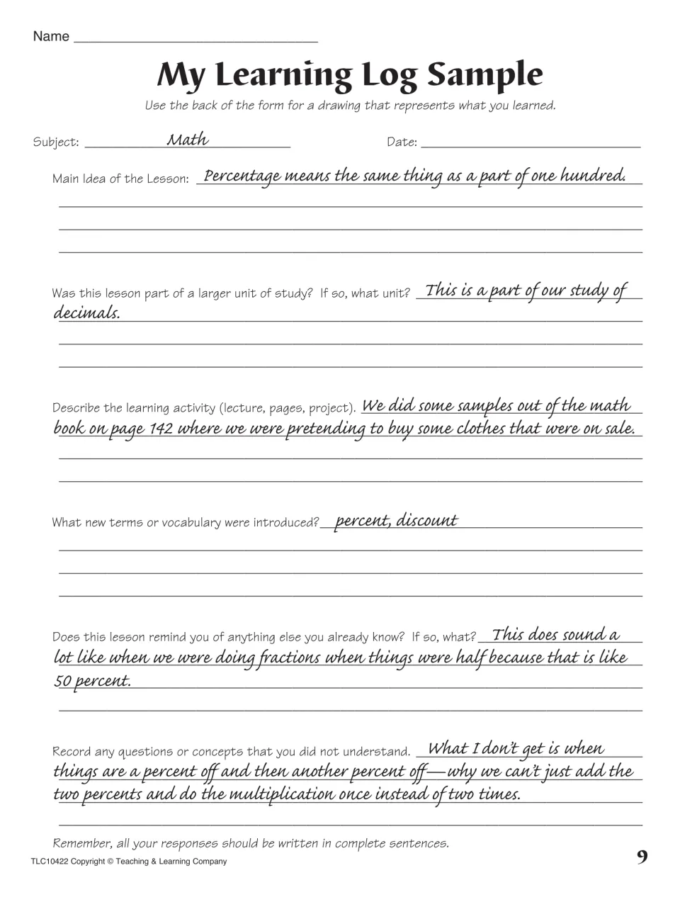 Learning log sample filled in for a math lesson on percentages, modeling main idea, new vocabulary and open questions