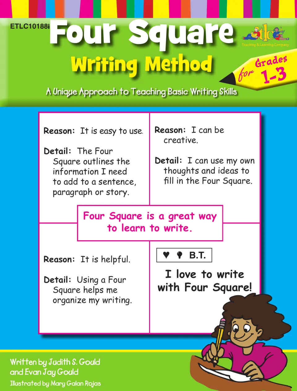 Four Square Writing Method for Grades 1-3 cover: a sample organizer giving reasons and details beside a child writing