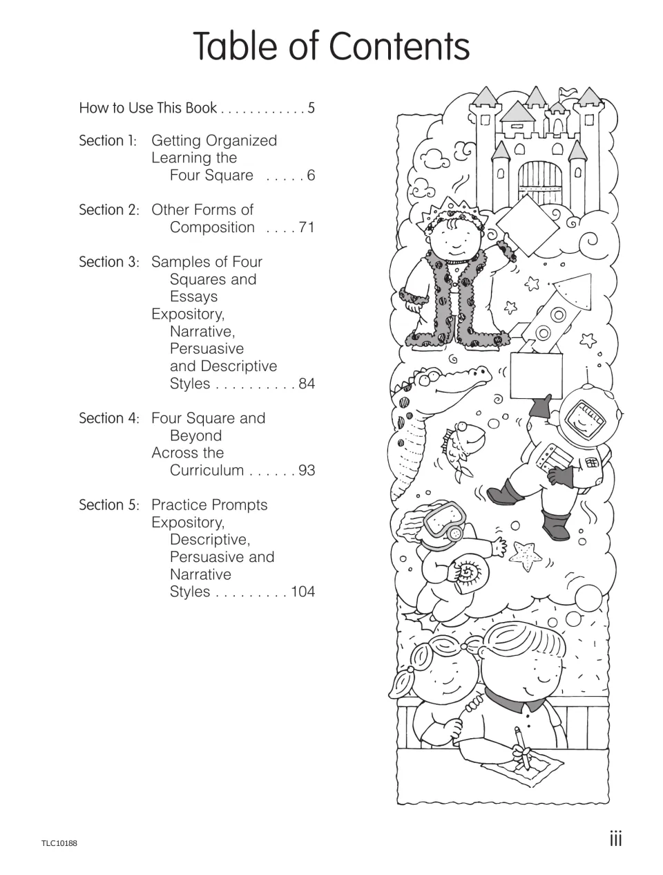 Table of contents listing five sections, from Getting Organized and Other Forms of Composition to Practice Prompts