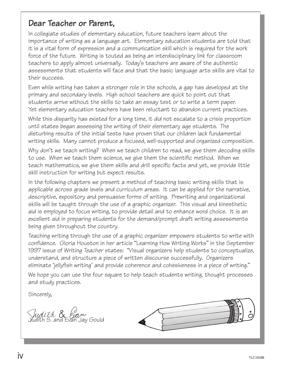 Dear Teacher or Parent letter from the authors explaining why they teach writing with a graphic organizer for prewriting