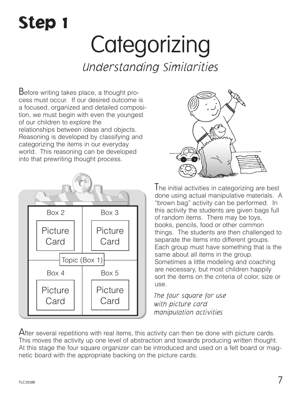Step 1 Categorizing, Understanding Similarities: teacher notes on a brown bag sorting activity and a picture card organizer