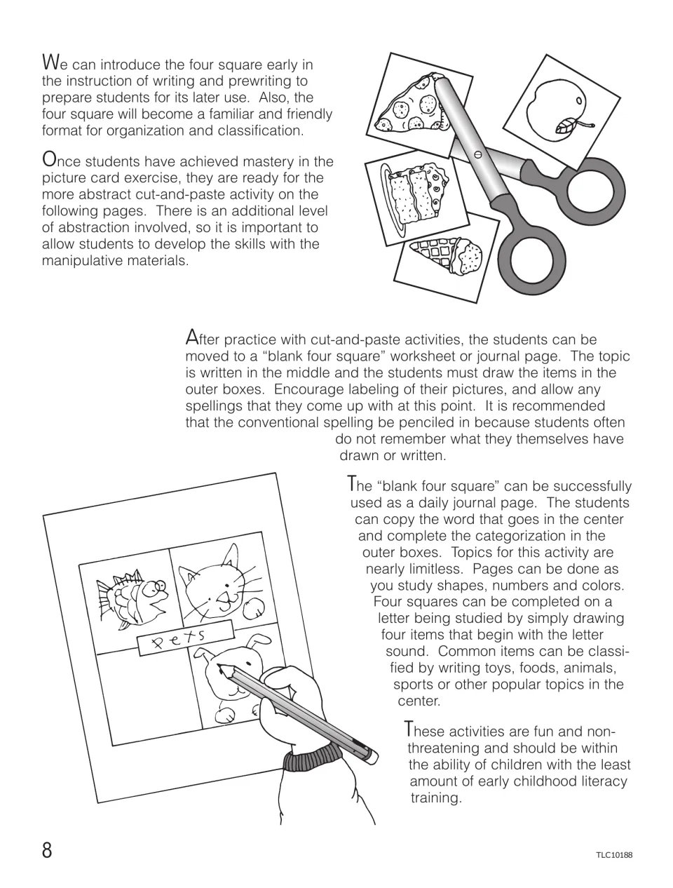 Teacher notes on moving from picture cards to cut-and-paste and blank organizer journal pages, with a drawn Pets example
