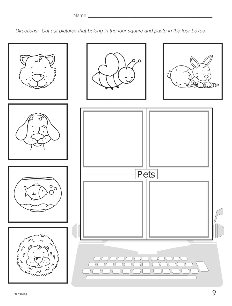 Pets categorizing cut-and-paste: students choose four pets, such as dog, cat and fishbowl, from six pictures and paste them