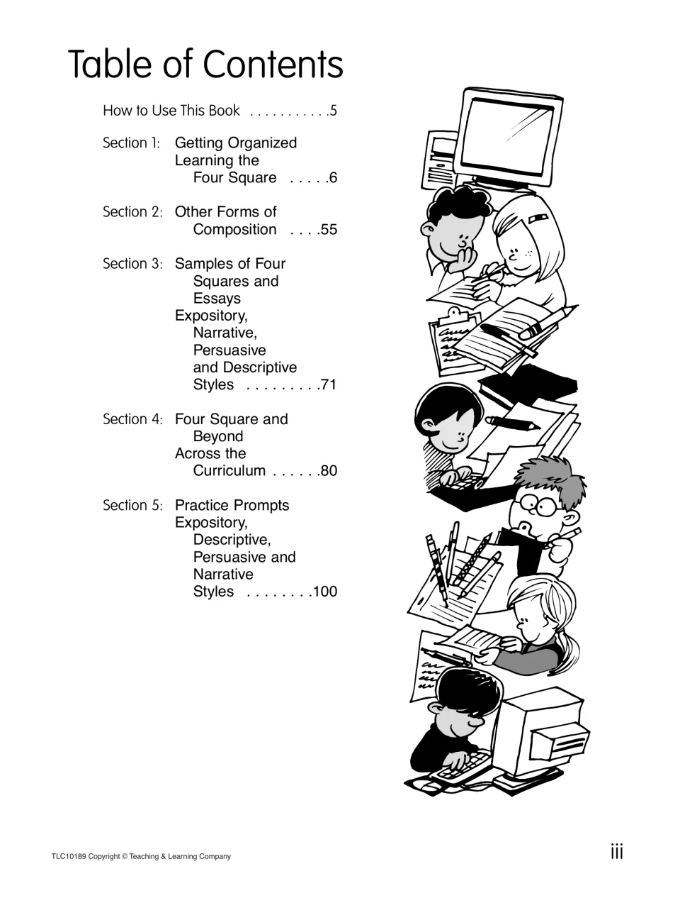 Table of contents for five sections, from Learning the Four Square through essay samples to practice prompts on page 100
