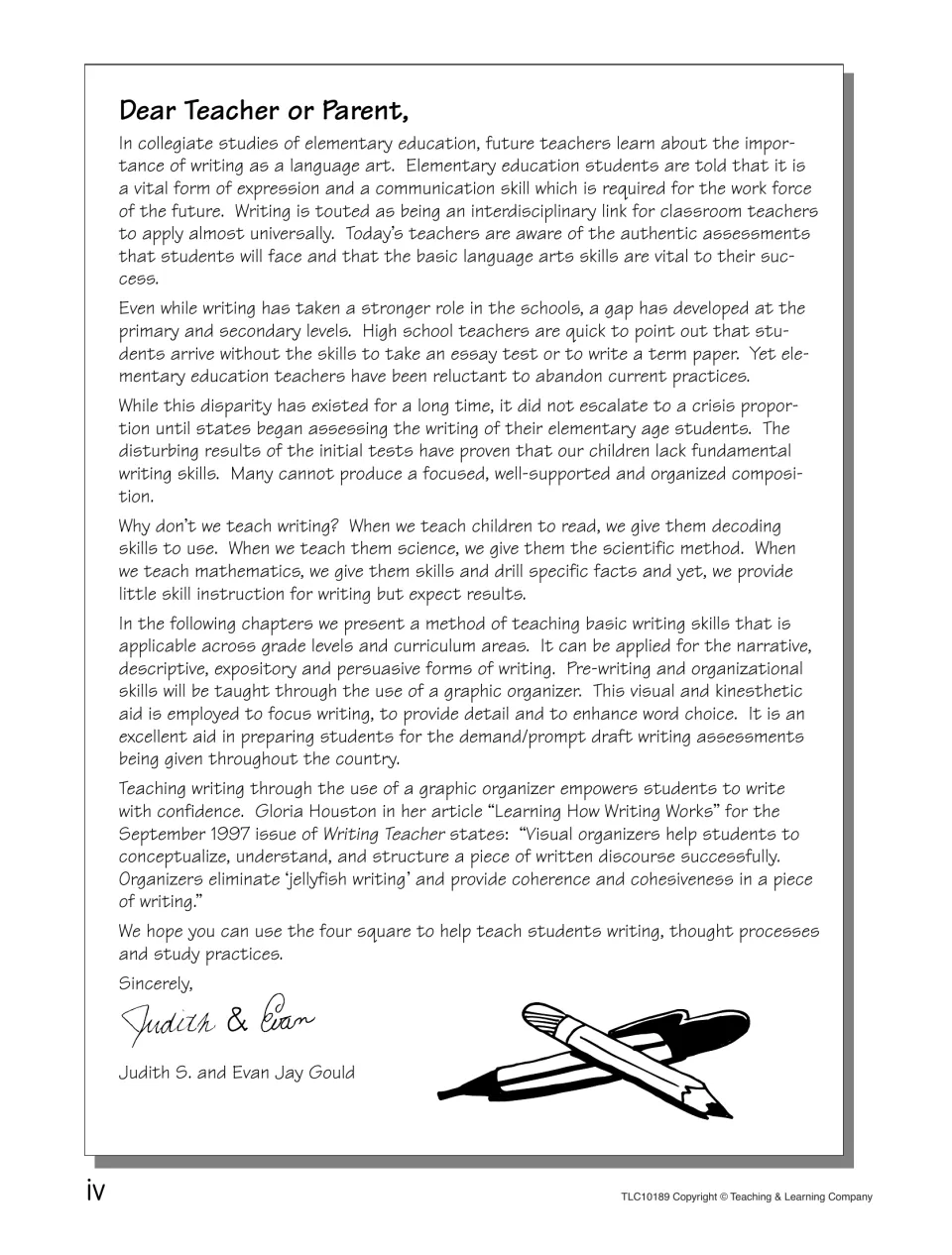 Letter to teachers and parents from the authors on why writing needs skill instruction and how a graphic organizer helps