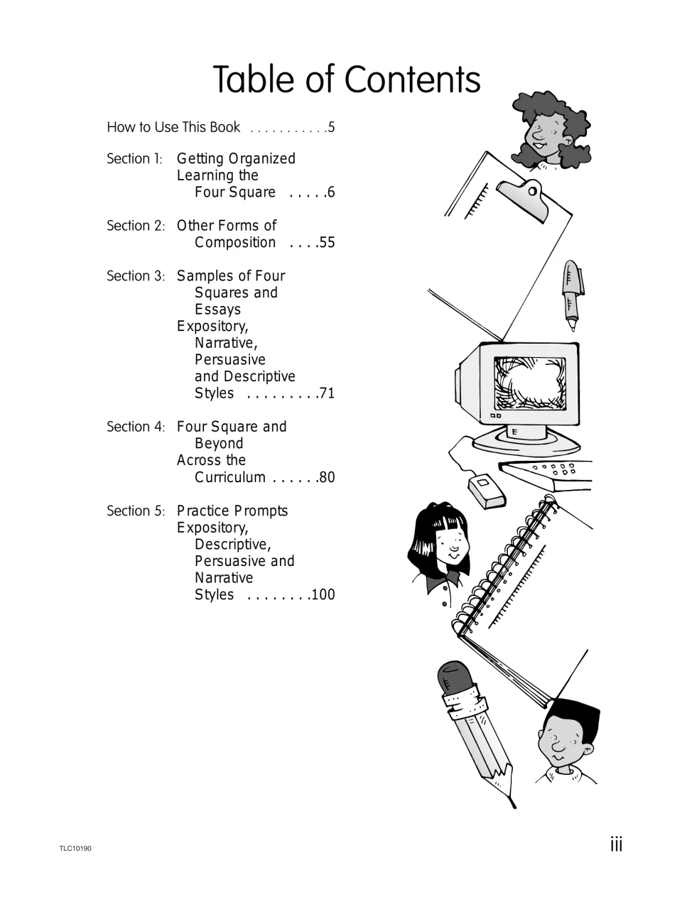 Table of contents listing five sections on organization, composition, sample essays, curriculum uses, and prompts