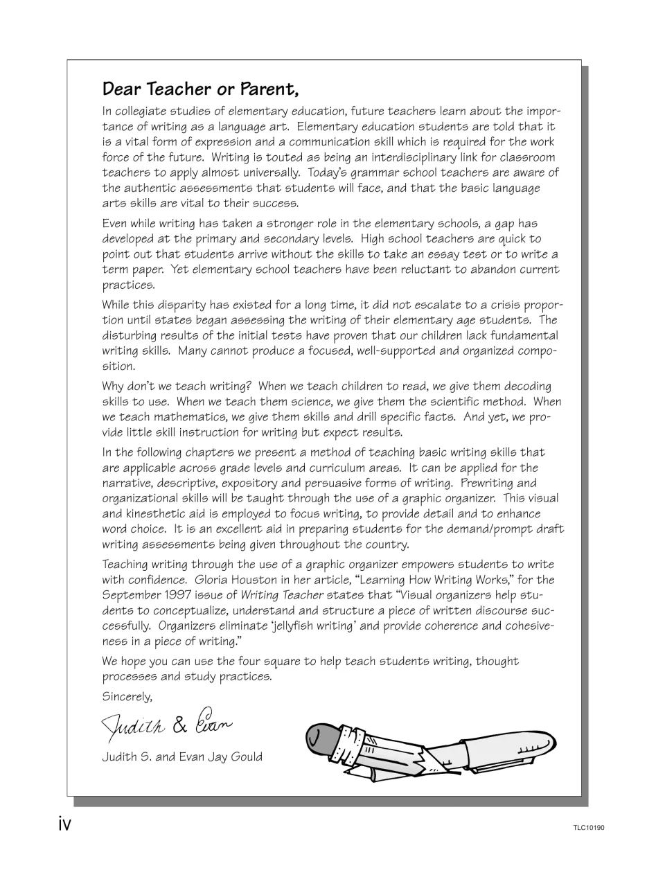 Letter to teachers and parents explaining how graphic organizers support prewriting, focus, detail, and word choice