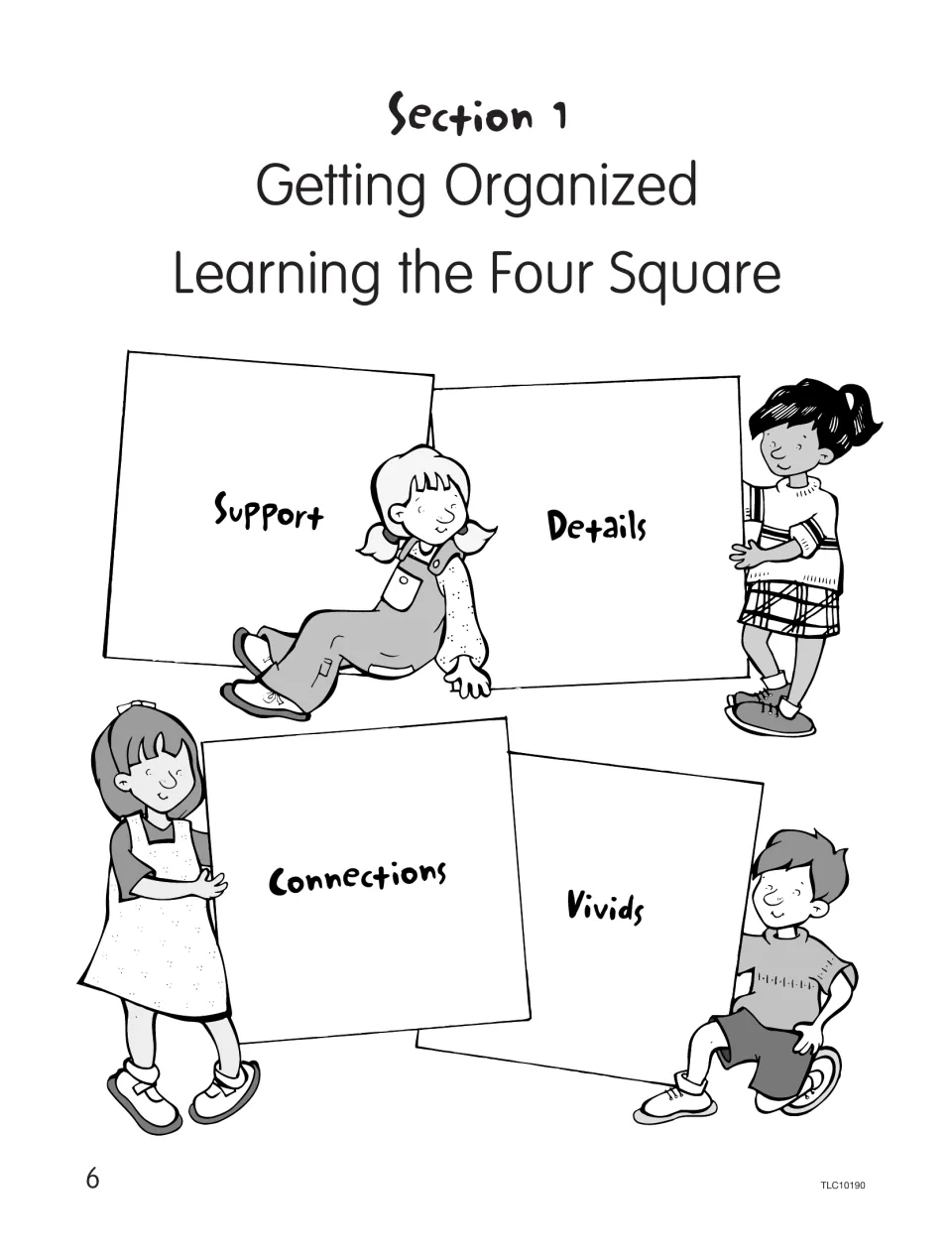 Section 1 opener introduces learning the Four Square organizer through support, details, connections, and vivids