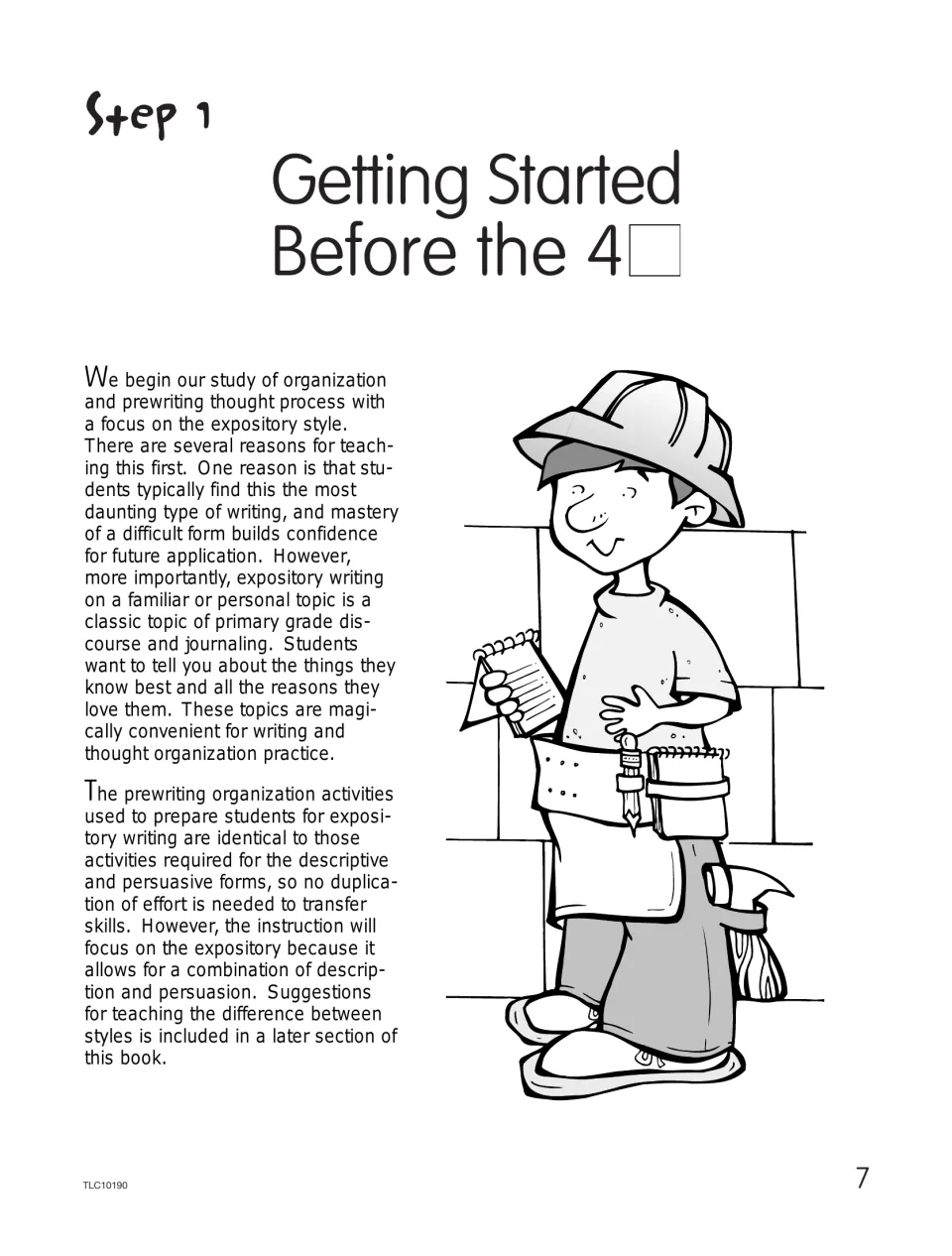 Step 1 teaching notes introduce expository writing as the starting point for organization and prewriting practice