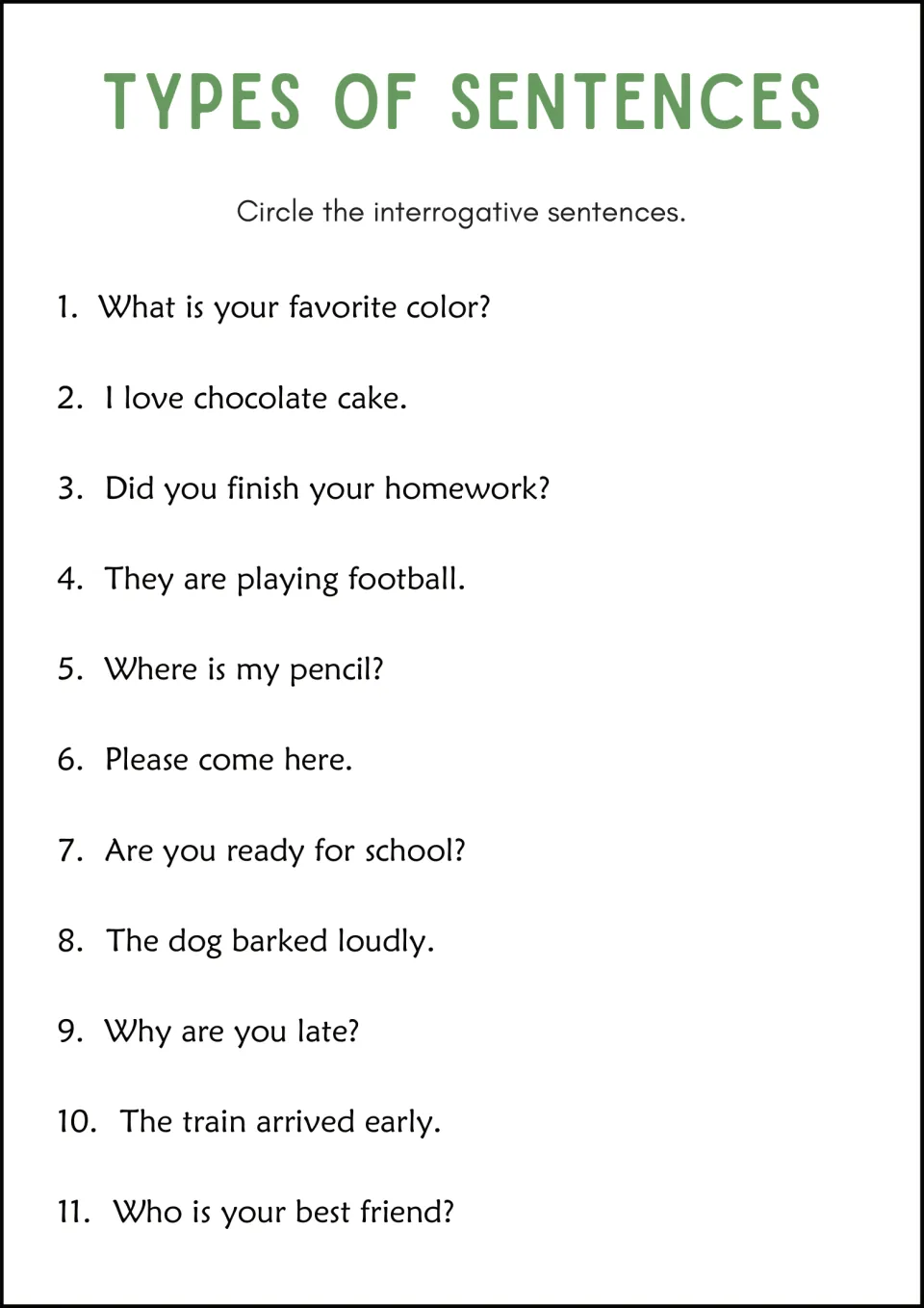 Interrogative sentences: students circle the questions among 11 items, such as What is your favorite color?