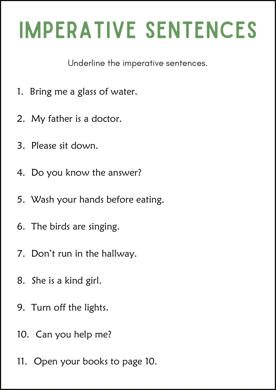 Imperative sentences: students underline the commands in 11 items, like Bring me a glass of water and Turn off the lights