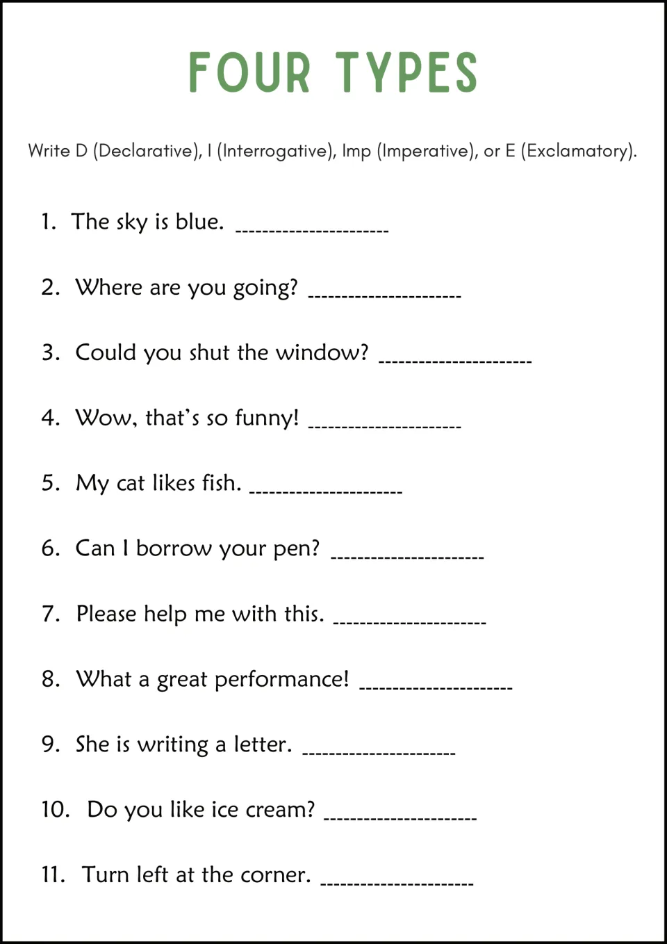 Sorting all four sentence types: students label 11 items D, I, Imp or E, from The sky is blue to Turn left at the corner