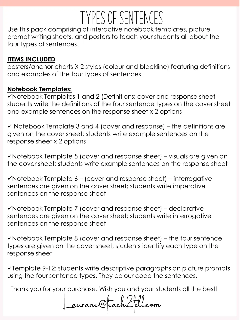 Types of sentences pack overview listing posters and notebook templates 1 to 12 with each template's writing task