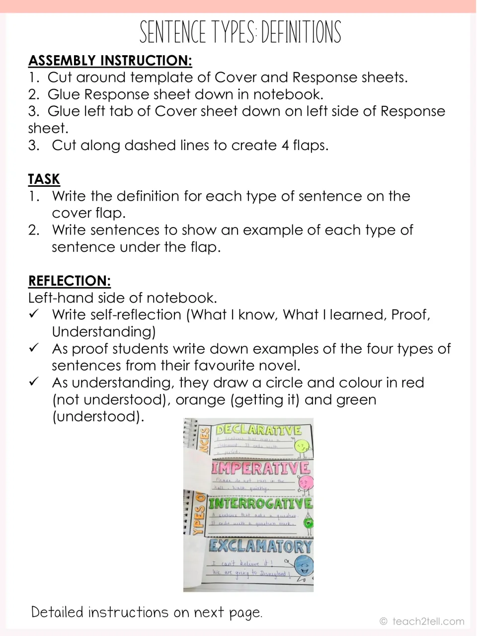 Sentence types definitions instructions: cut, glue and flap assembly steps, the writing task and a self-reflection