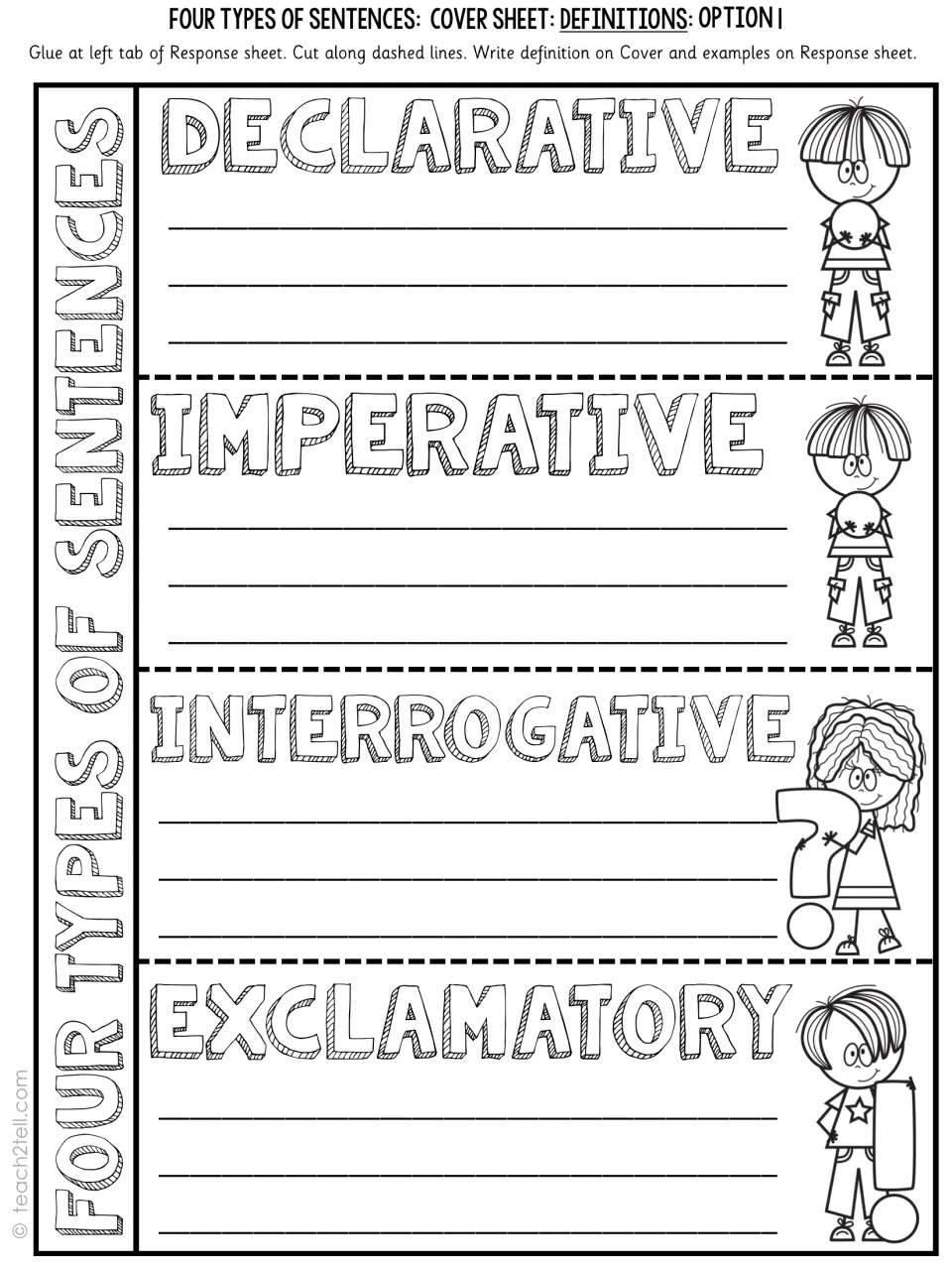 Definitions cover sheet option 1: students write a definition under declarative, imperative, interrogative, exclamatory