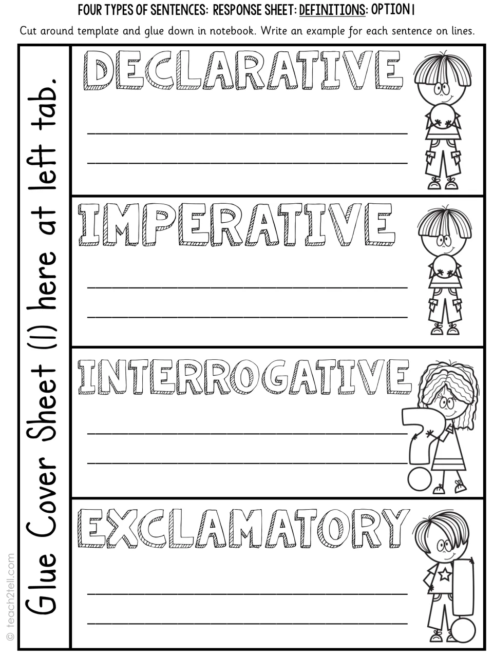 Definitions response sheet option 1: students write an example sentence for each of the four sentence types