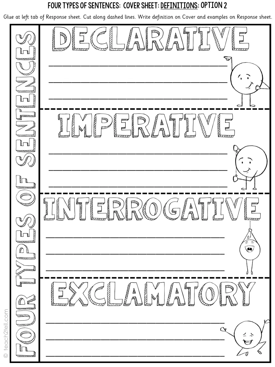 Definitions cover sheet option 2: students define each of the four sentence types beside smiling circle characters