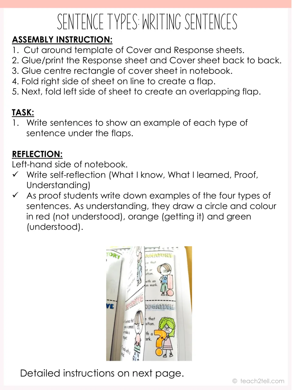 Writing sentences template instructions: fold-and-glue assembly steps, a task to write examples and a reflection