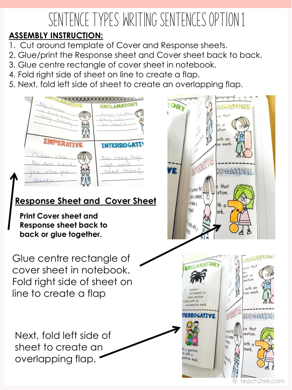 Writing sentences option 1 assembly photos: printing back to back, gluing the centre rectangle and folding flaps