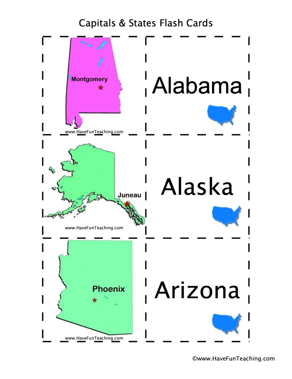 State and capital flashcards: Alabama–Montgomery, Alaska–Juneau, and Arizona–Phoenix, with labeled maps