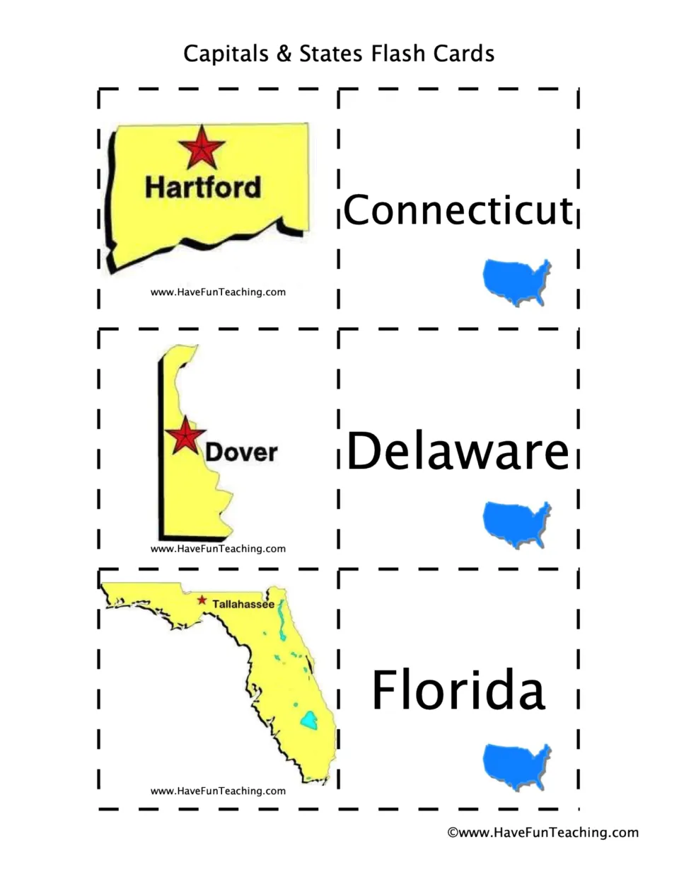 State and capital flashcards: Connecticut–Hartford, Delaware–Dover, and Florida–Tallahassee