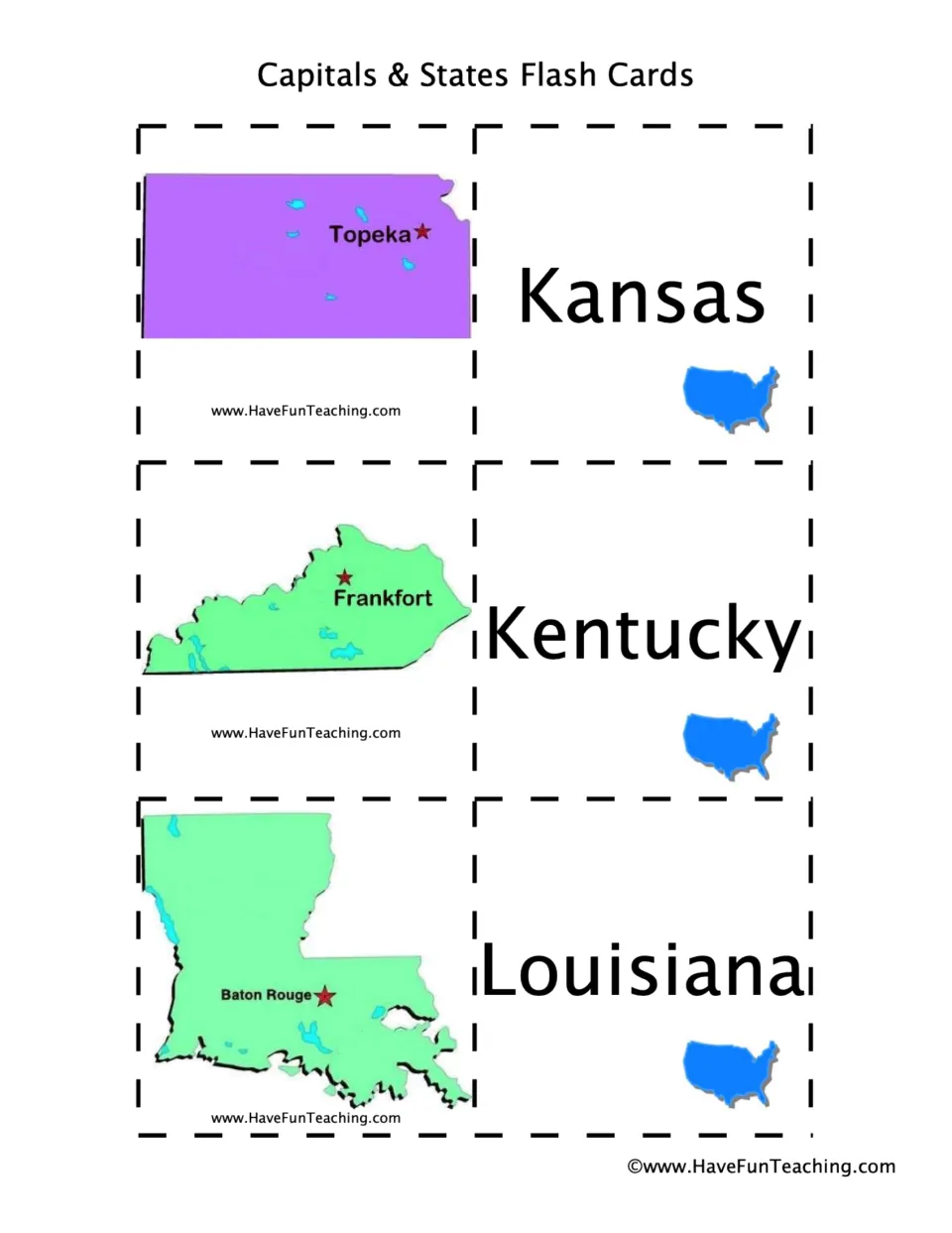 State and capital flashcards: Kansas–Topeka, Kentucky–Frankfort, and Louisiana–Baton Rouge