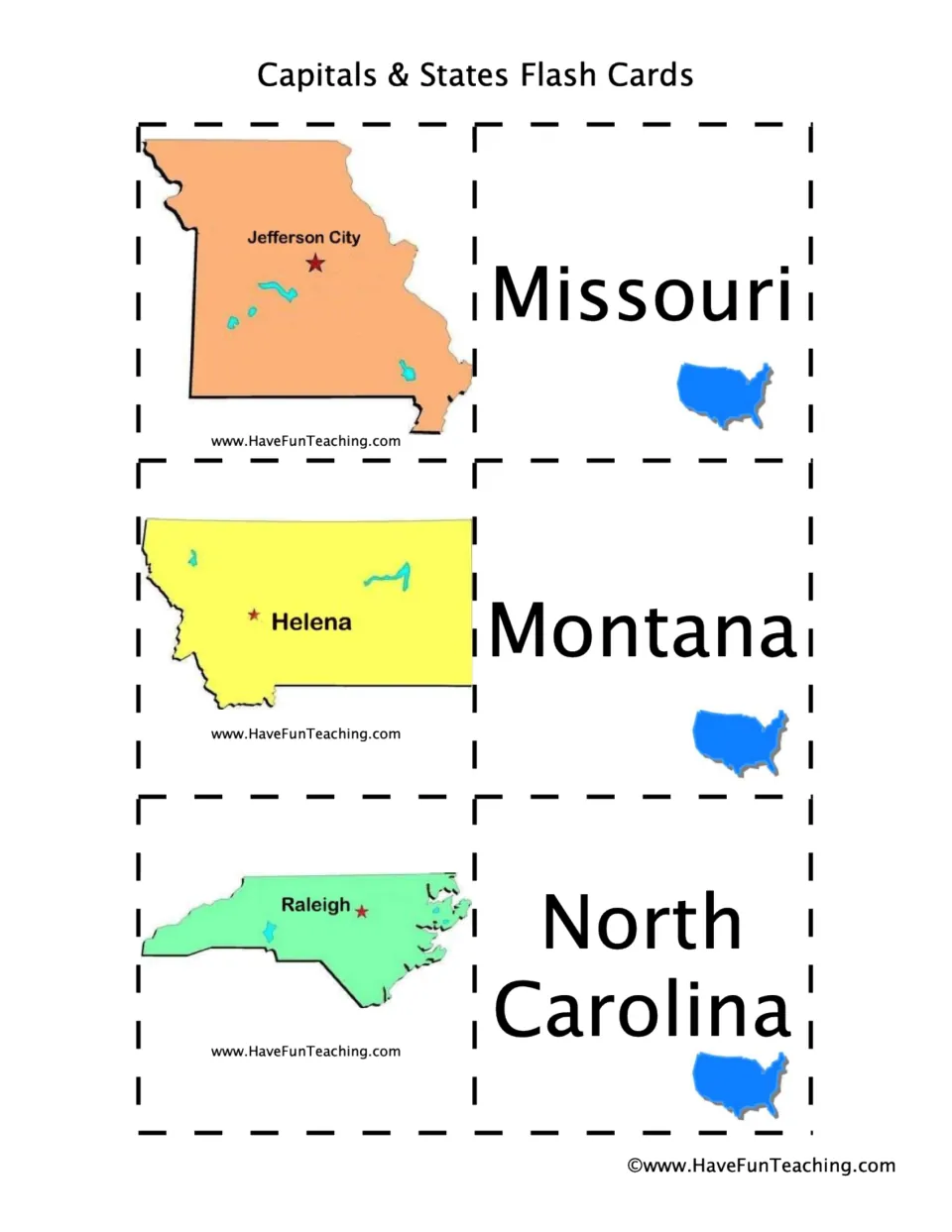 State and capital flashcards: Missouri–Jefferson City, Montana–Helena, and North Carolina–Raleigh